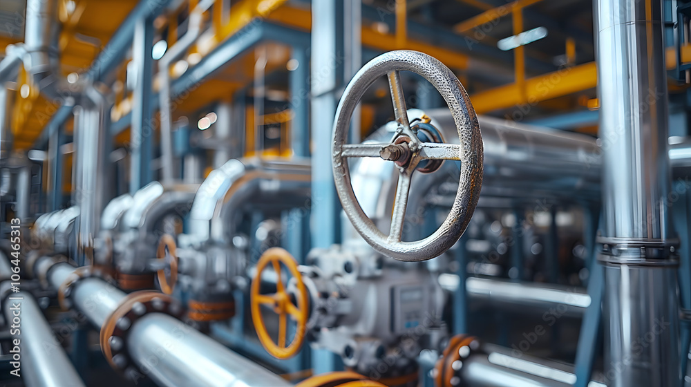 Fototapeta premium Concept background industrial factory zone. Steel pipelines, valves and ladders modern gas power plant