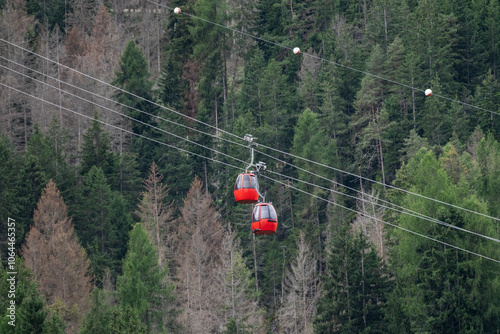 Red cable car to the Alpe di siusi  from Ortisei Dolomites, Italy