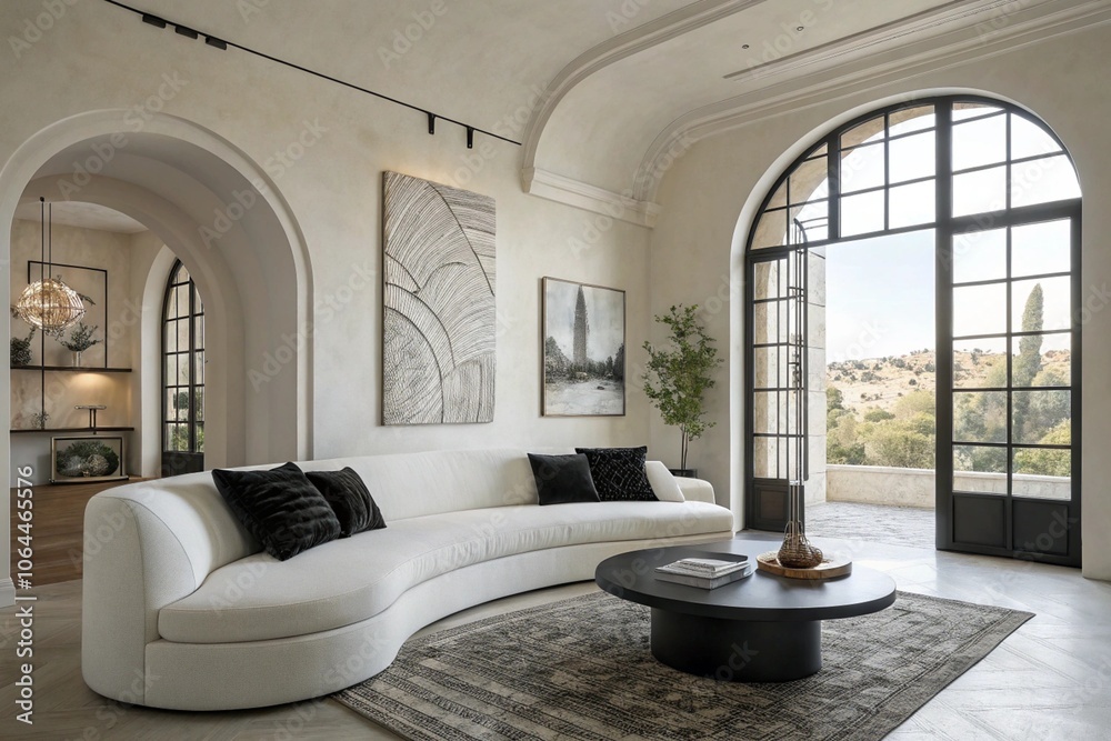 Luxurious Mediterranean-style living room, curved white sofa, arched doorways, large arched windows, panoramic view, abstract wall art, modern black coffee table, neutral color palette, high ceilings,