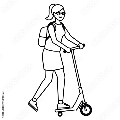 Modern Female Line Art with Scooter and Backpack.