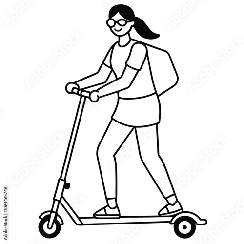 Modern Female Line Art with Scooter and Backpack.