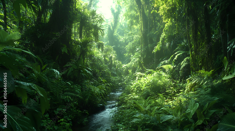 Fototapeta premium Sunlight streams through lush tropical rainforest canopy, illuminating a small creek winding through dense foliage.