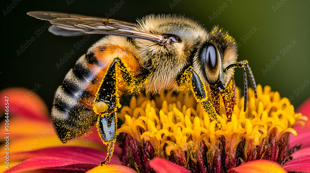 A bee covered in pollen gathers nectar from a flower. A bee covered in pollen gathers nectar from a flower.