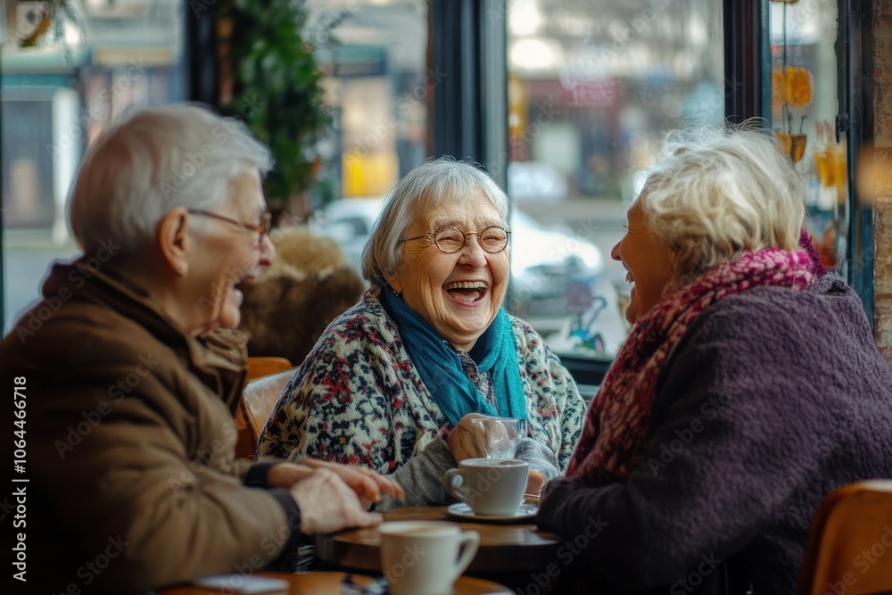 A group of elderly women sitting in a cozy laughing and sharing a warm moment together A group of elderly women sitting in a cozy laughing and sharing a warm moment together