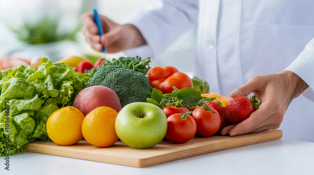 Nutritionist giving consultation to patient with healthy fruit and vegetable, Right nutrition and diet concept Nutritionist giving consultation to patient with healthy fruit and vegetable, Right nutrition and diet concept