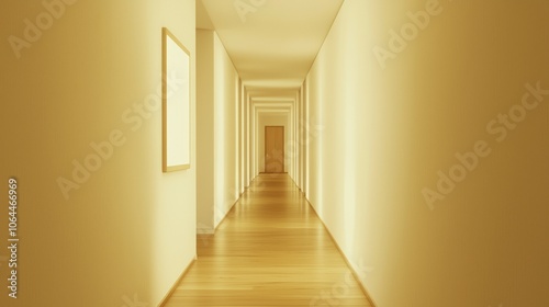Serene Warmth in Minimalist Hallway with Wood Flooring and Soft Lighting