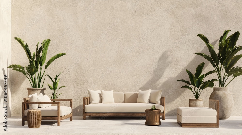 Serene Outdoor Terrace Oasis with Warm Minimalism Aesthetic and Cozy Seating for Relaxation