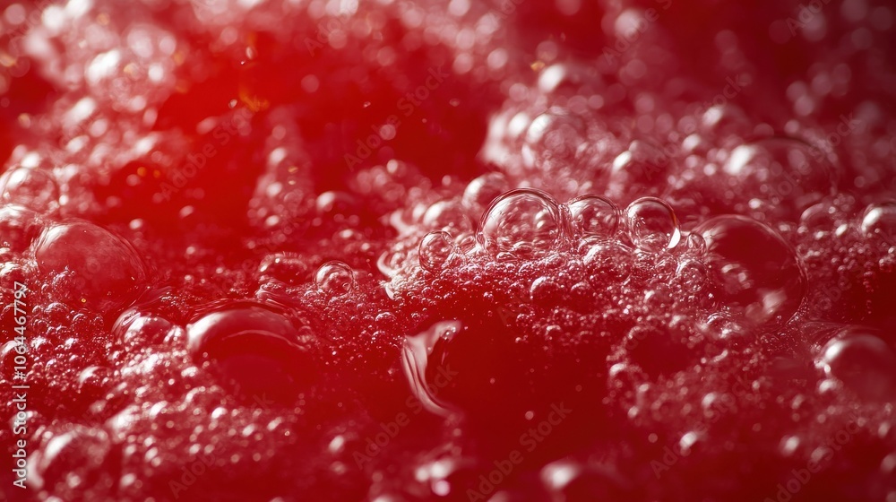 A macro shot of red liquid with large, foamy bubbles captured in detail. The surface tension A macro shot of red liquid with large, foamy bubbles captured in detail. The surface tension