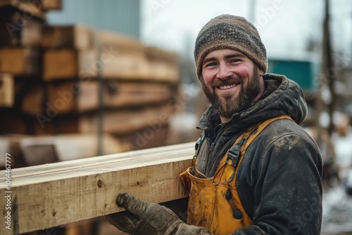 A lumberjack in cold-weather gear carries a wooden plank through a lumber yard