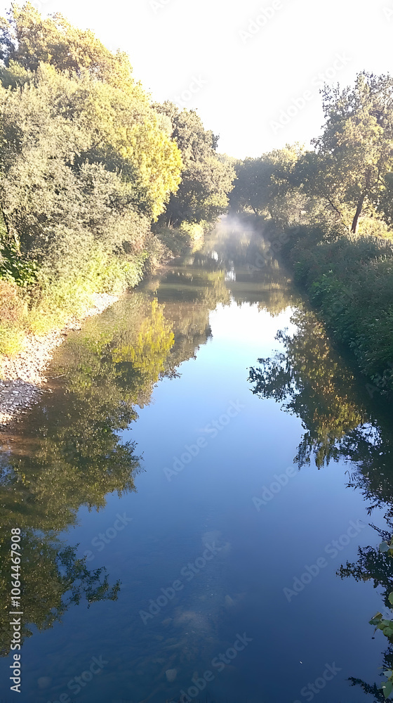 A view of a calm river, surrounded by trees and greenery, with a clear blue sky reflected in the water. A view of a calm river, surrounded by trees and greenery, with a clear blue sky reflected in the water.