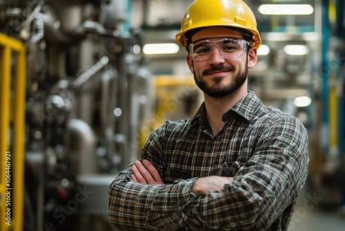 A male factory worker stands confidently in front of complex machinery, wearing a hard hat, safety