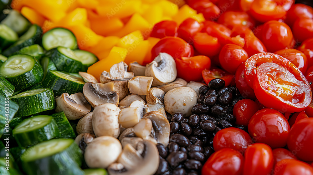 Organic food. Fresh vegetables with mushrooms and black beans Organic food. Fresh vegetables with mushrooms and black beans