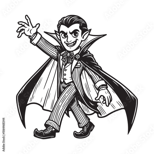 Line art of Dracula vampire waving his hand to say hi vector