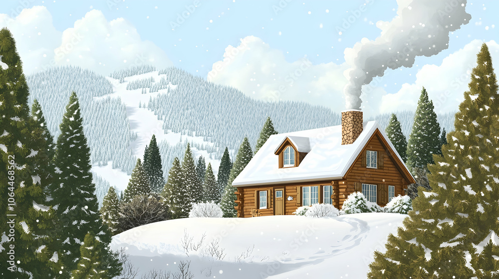 Cozy wooden cabin nestled in a snowy mountain forest. Cozy wooden cabin nestled in a snowy mountain forest.