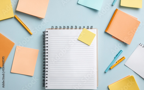 Flat lay of a blank notebook and colorful sticky notes on a light blue background. photo