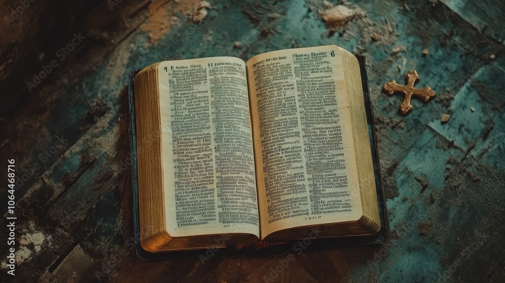 Fototapeta premium Open Bible on Rugged Surface with Cross