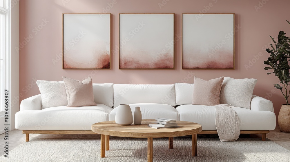 Fototapeta premium A modern living room with a soft, pink feature wall. A white sofa adorned with plush cushions