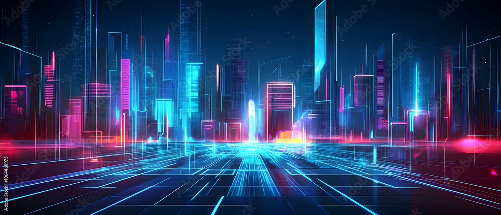 Futuristic city with glowing lights and neon colors. Futuristic city with glowing lights and neon colors.