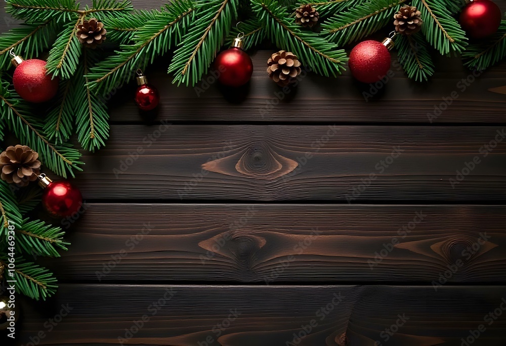 Festive Christmas Background with Pine Branches, Red Baubles, and Candy Cane on Dark Wooden Table Festive Christmas Background with Pine Branches, Red Baubles, and Candy Cane on Dark Wooden Table