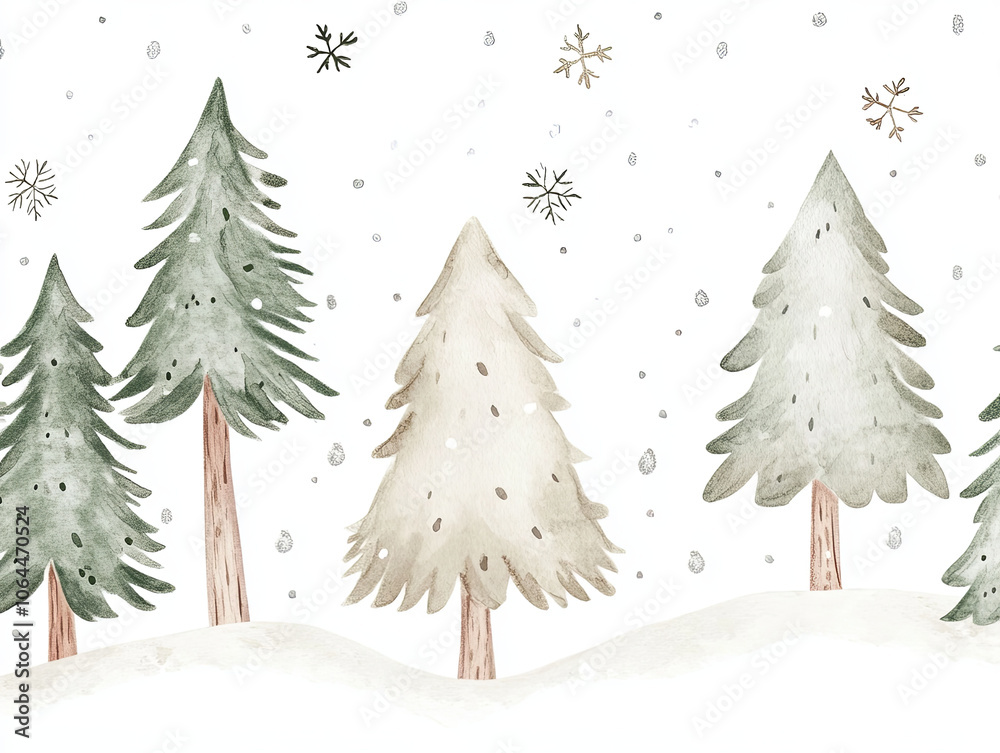 Obraz premium cozy watercolor style illustration of snow covered trees in serene woodland setting, featuring various evergreen trees and delicate snowflakes