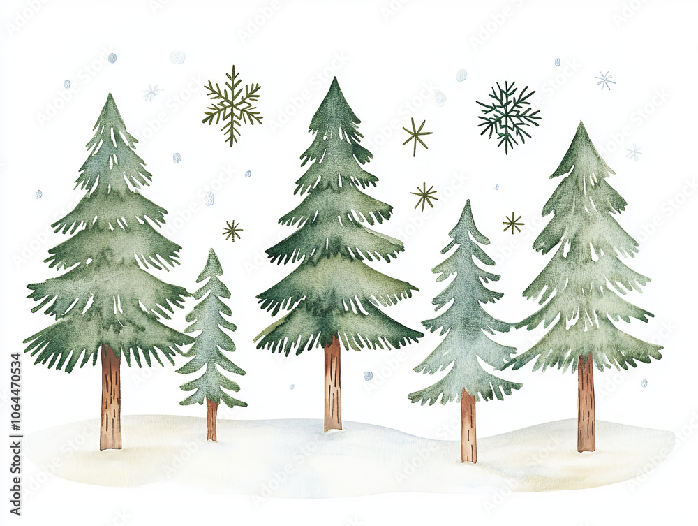Obraz premium cozy watercolor style illustration of snow covered trees in woodland setting, featuring various evergreen trees and delicate snowflakes