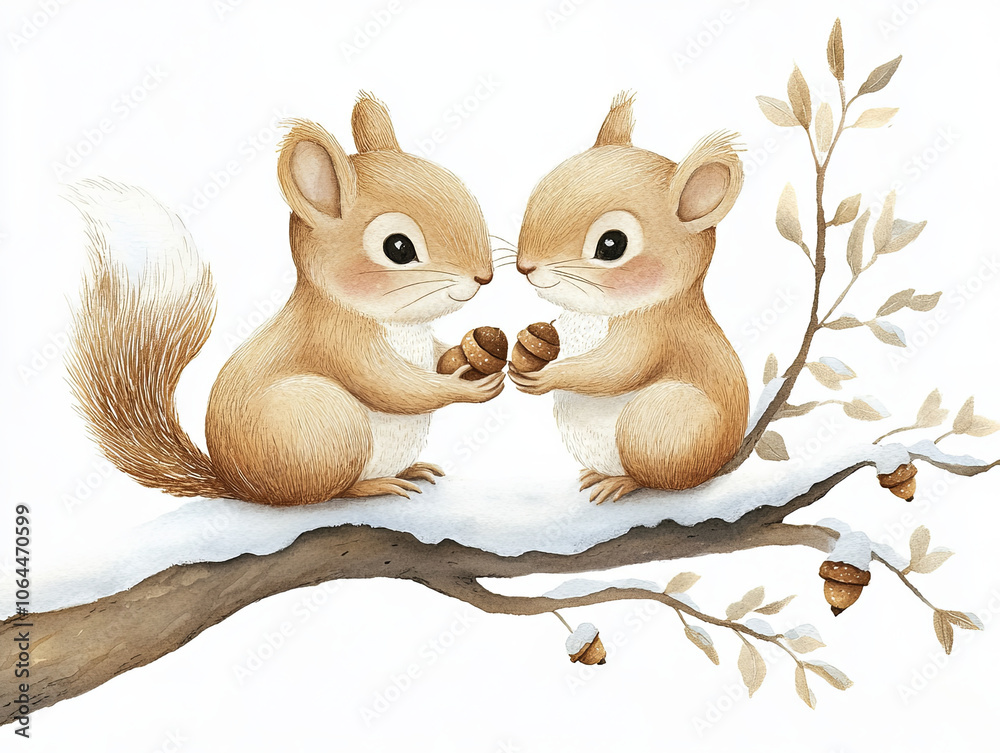 Fototapeta premium cozy watercolor style illustration of two winter squirrels sharing acorns on snowy branch, evoking warmth and friendship
