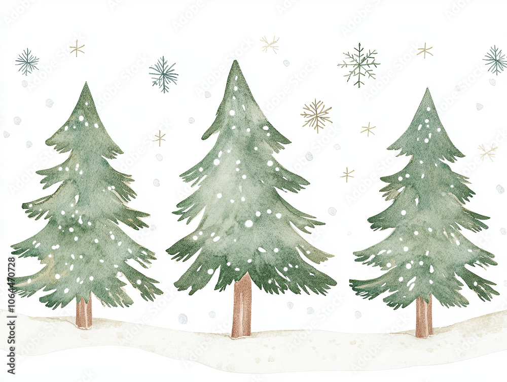 Obraz premium Cozy watercolor style winter scene featuring three green pine trees adorned with snowflakes. serene and festive atmosphere captures essence of season