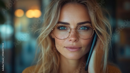 A young woman with blonde hair and blue eyes is on the phone. She is wearing glasses.