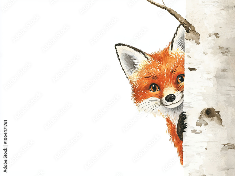 Fototapeta premium cheerful watercolor style winter fox peeking from behind birch tree, showcasing its vibrant orange fur and curious expression