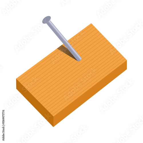Vector illustration of a single nail stuck in a wooden board, with a shadow behind the nail. Isolated on a white background
