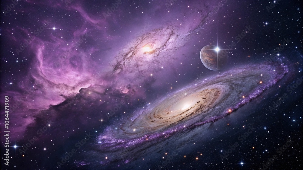 Fototapeta premium An otherworldly scene of stars and galaxies suspended in mid-air amidst swirling clouds of purple gas, cosmic, interstellar medium, nebulae, galaxy