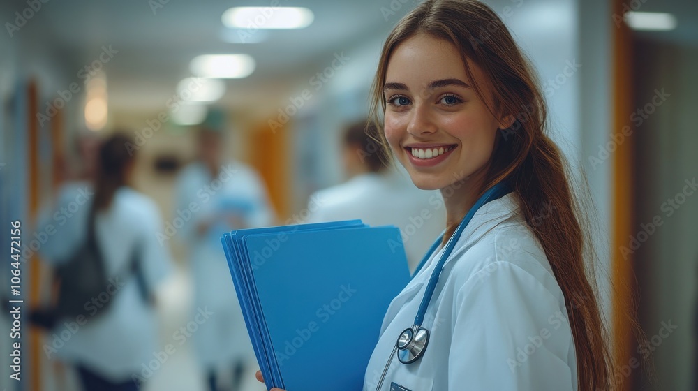 A smiling young female doctor holds blue medical files in her arms while standing A smiling young female doctor holds blue medical files in her arms while standing
