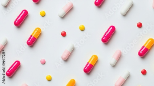 Close-up of bright capsules on a white background, healthcare focus