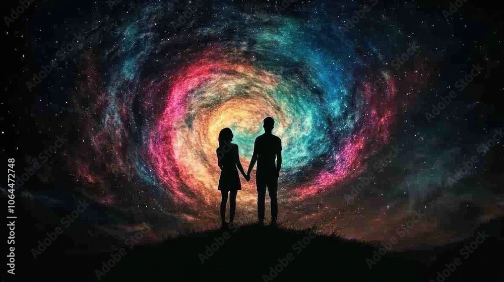 Romantic silhouettes against starry sky with colorful cosmic swirl, highlighting love. Romantic silhouettes against starry sky with colorful cosmic swirl, highlighting love.