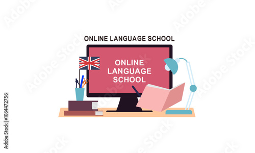 Online language school banner. Concept of digital training foreign languages, distance study