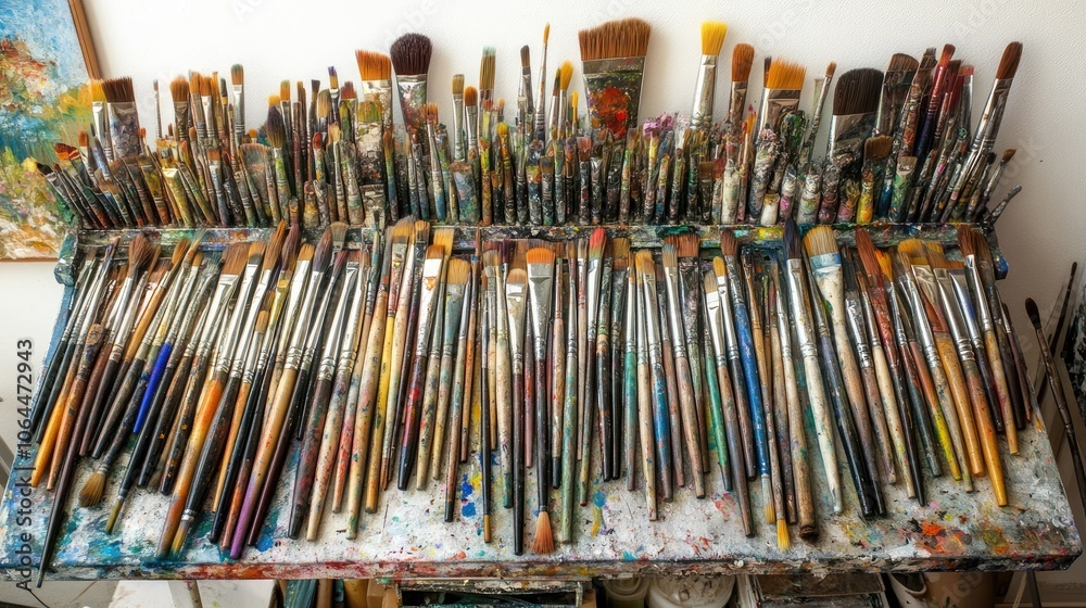 Obraz premium Collection of Artist Paint Brushes on a Workbench