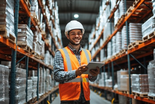 A warehouse worker wearing an orange safety vest and white helmet is smiling while holding