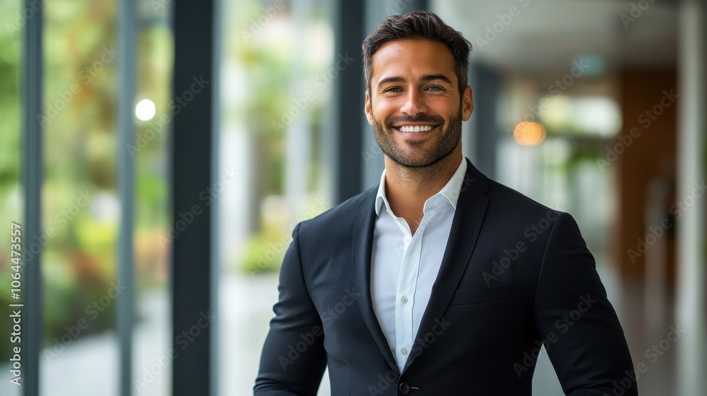 A well-dressed man in a dark suit, smiling confidently while standing in a bright hallway A well-dressed man in a dark suit, smiling confidently while standing in a bright hallway