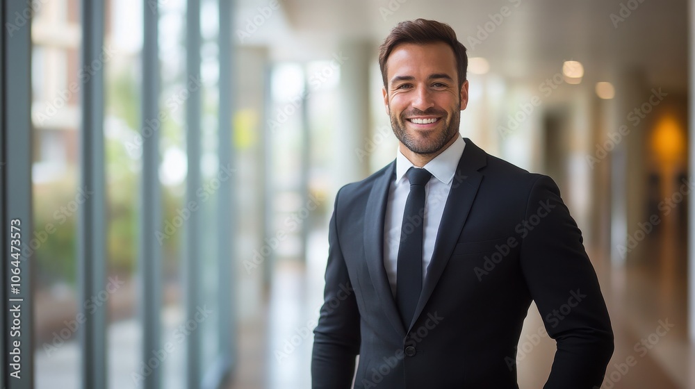 A well-dressed man in a dark suit, smiling confidently while standing in a bright hallway A well-dressed man in a dark suit, smiling confidently while standing in a bright hallway