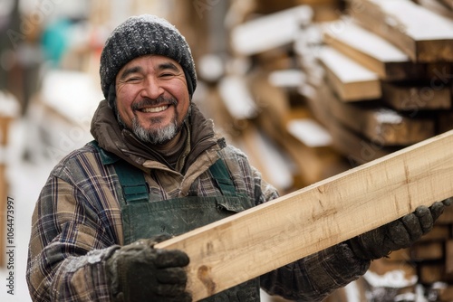 A worker in a cold-weather environment smiles while holding a wooden beam. He is dressed