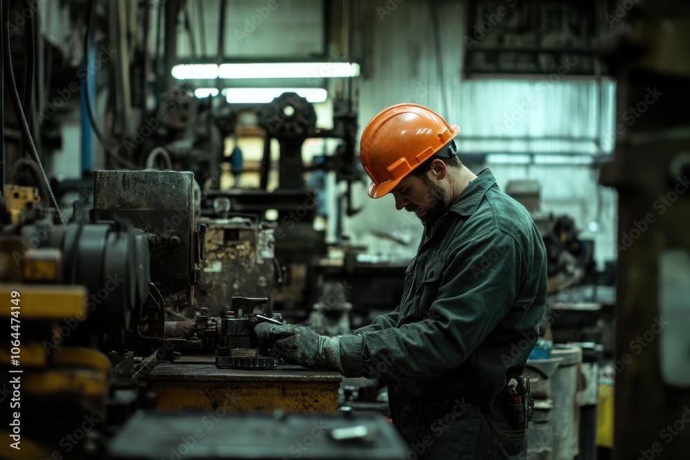 A worker in a hard hat uses a wrench to adjust machinery inside a workshop A worker in a hard hat uses a wrench to adjust machinery inside a workshop