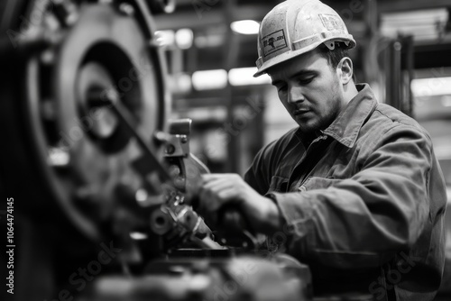 A worker in a hard hat uses a wrench to adjust machinery inside a workshop