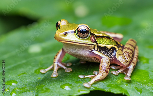 Close-up of a colorful frog on a green leaf in its natural habitat.