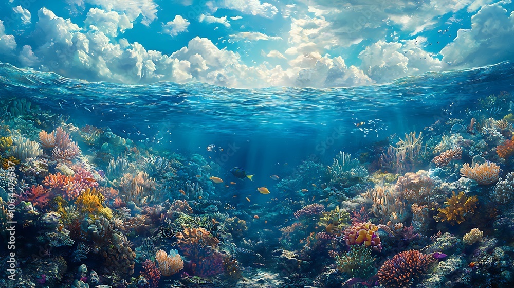 Fototapeta premium Underwater Coral Reef with Tropical Fish and Sunbeams