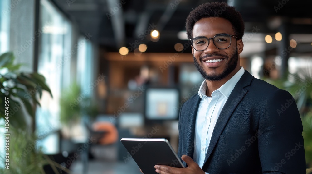 Fototapeta premium A young professional in a modern office space, holding a tablet with a bright smile