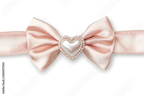 Pink bow decorated with ruby heart isolated on a white background.
