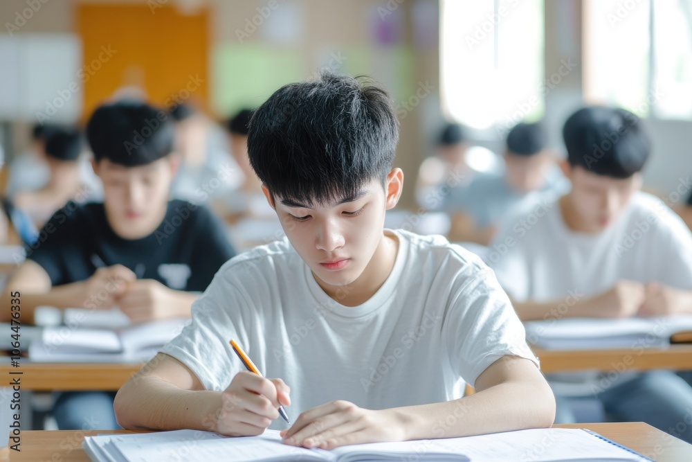Asian boys students taking an exam in a classroom , examination test takers in a class