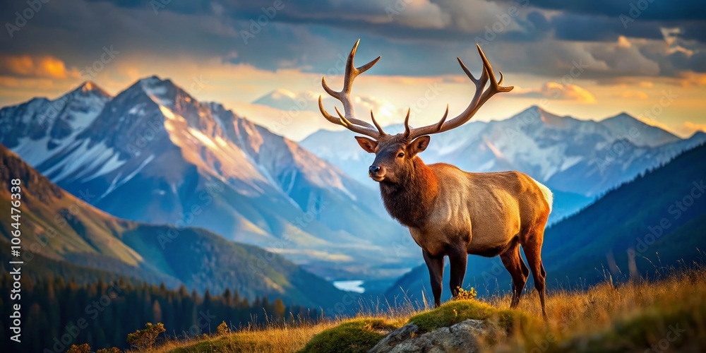 Fototapeta premium A bull elk, majestic and monumental, commands the focus on a mountain ridge, captured in the ethereal beauty of tilt-shift.