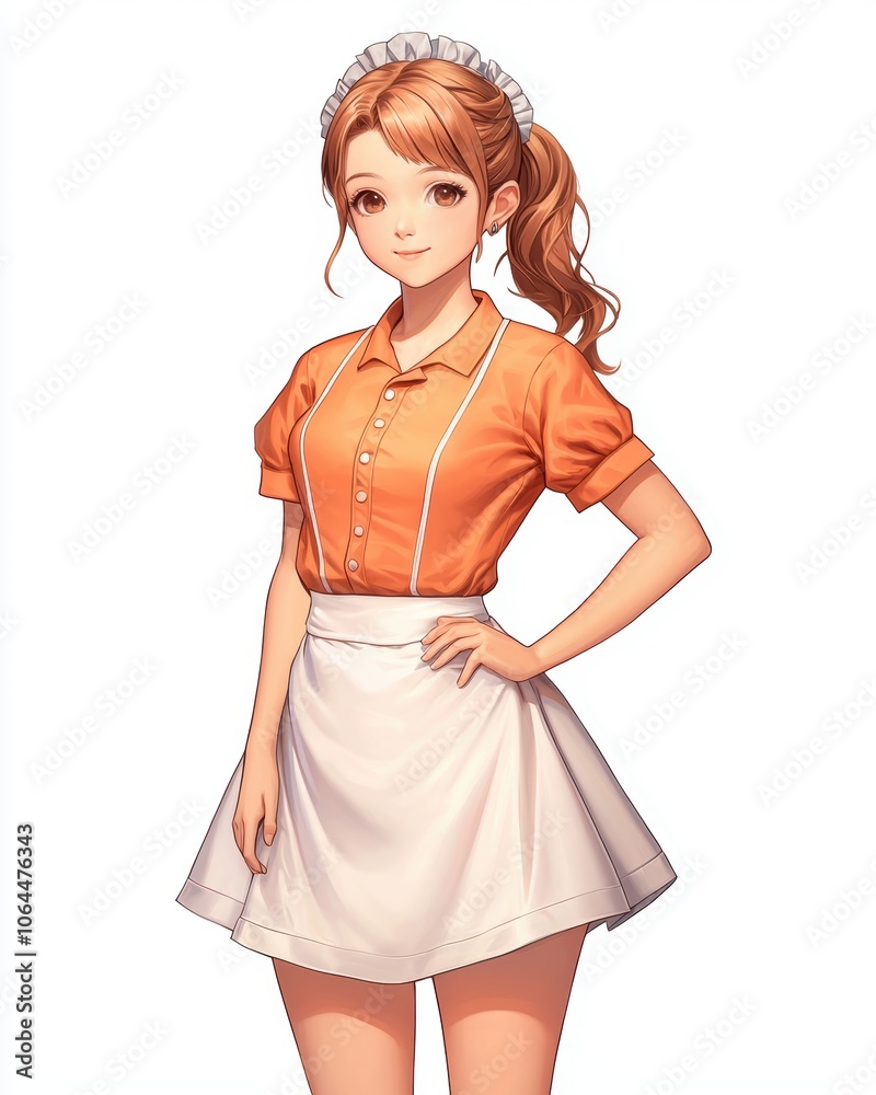 Woman in orange uniform, white isolate background Woman in orange uniform, white isolate background