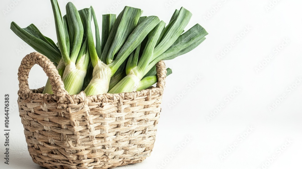Fresh Leeks in a Woven Basket on White Background Fresh Leeks in a Woven Basket on White Background